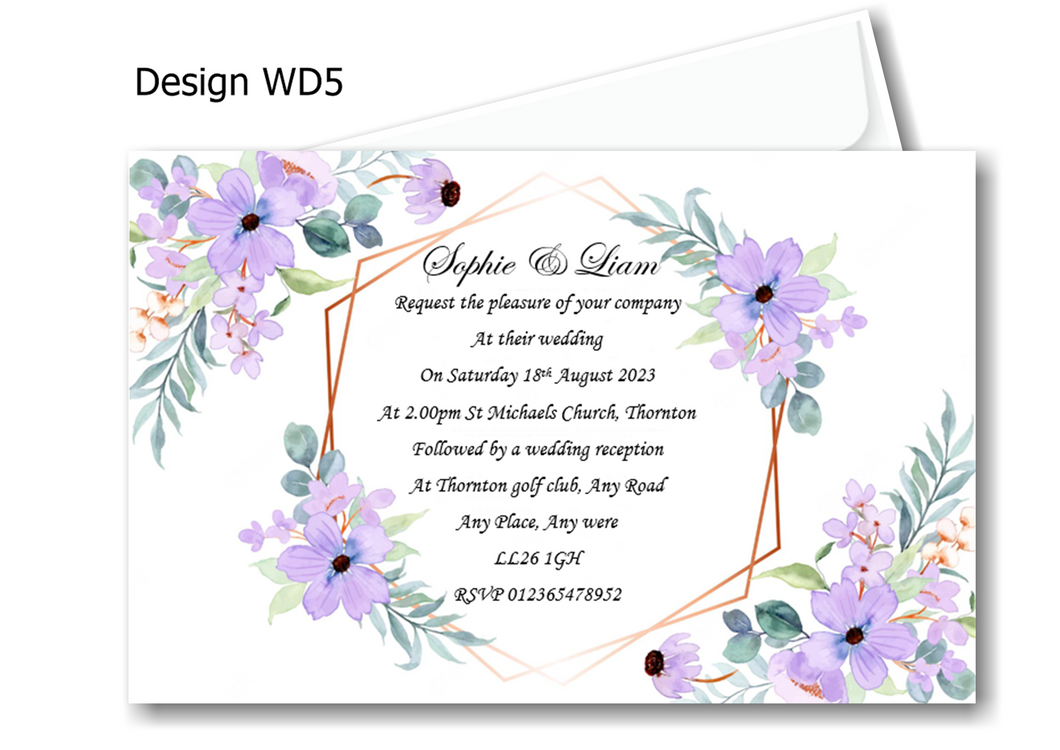 Wedding Day Invitation Ref WD5 white and lilac floral classic design that make a statement