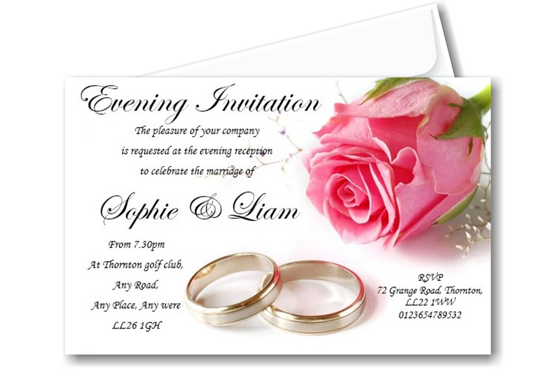 Wedding Day Evening Invitation Ref WE-PR a single pink rose design classy in its own right