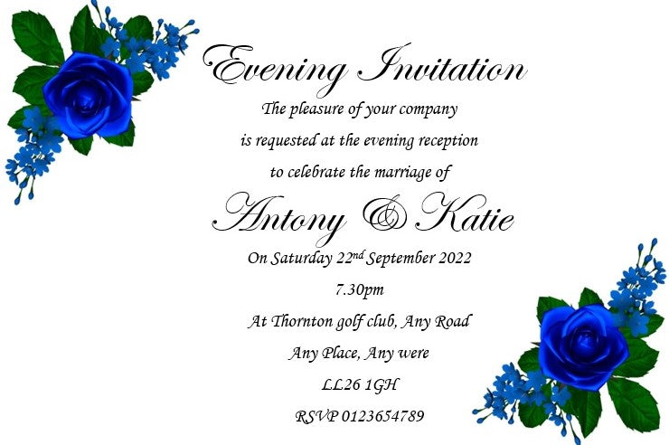 Wedding Day Evening Invitation Ref WE63 Blue rose and white background simple but stunning