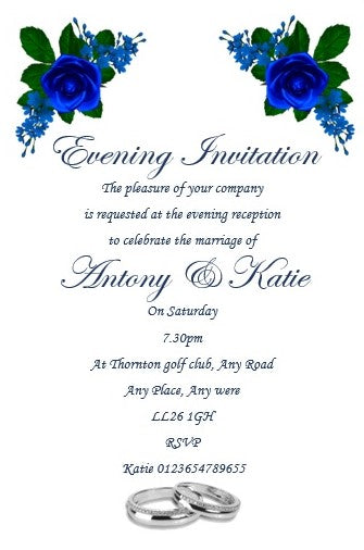 Wedding Evening Invitation Ref WE67 a darker blue floral design simple but classy