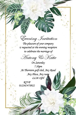 Wedding Day Evening Invitation Ref WE68 a bold flower design but classy in its own right