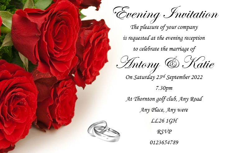 Wedding Day Evening Invitation Ref WE-WE62 Red rose design bold but classy in its own right