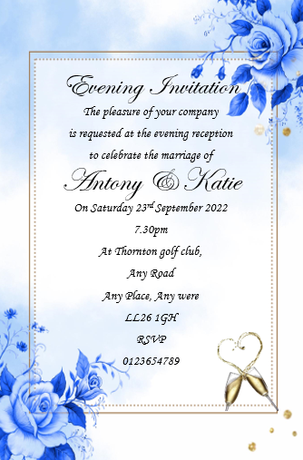 Wedding Day Evening Invitation Ref WE64 a stunning blue design bold but classy